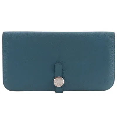 Pre-owned Hermes Dogon Blue Taurillon Clemence Leather Long Wallet (bi-fold) ()