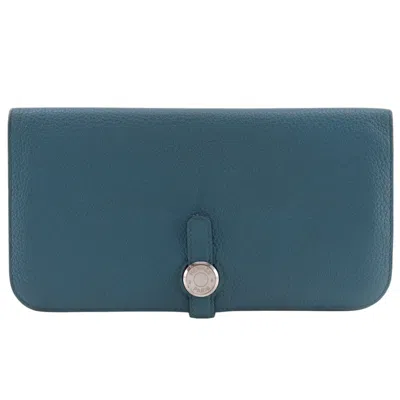 Pre-owned Hermes Dogon Blue Taurillon Clemence Leather Long Wallet (bi-fold) ()