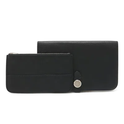 Pre-owned Hermes Dogon Duo Black Leather Long Wallet (bi-fold) ()