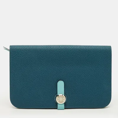 Pre-owned Hermes Hermès Dogon Duo Colvert/bleu Atoll Taurillon Clemence And Swift Leather Wallet In Blue