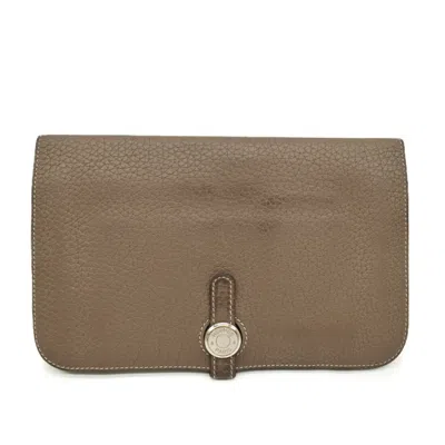 Pre-owned Hermes Dogon Duo Etoupe Gray Grayish Togo Leather Long Wallet (bi-fold) ()