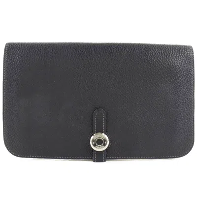 Pre-owned Hermes Dogon Navy Togo Leather Long Bill Wallet (bi-fold) () In Blue