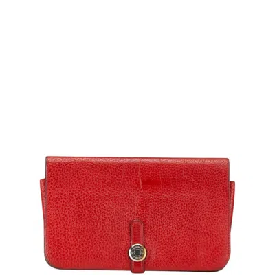 Pre-owned Hermes Dogon Red Color Taurillon Clemence Leather Long Wallet (bi-fold) ()