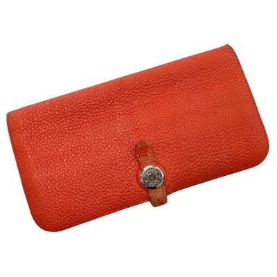 Pre-owned Hermes Dogon Red Color Taurillon Clemence Leather Long Wallet (bi-fold) ()