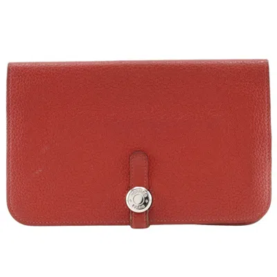 Pre-owned Hermes Dogon Red Color Taurillon Clemence Leather Long Wallet (bi-fold) ()