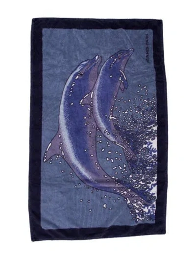 Pre-owned Hermes Dolphins Beach Towel In Blue