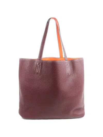 Hermes Double Sens Clemence Leather Tote Bag In Burgundy