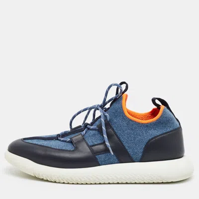 Pre-owned Hermes Duel Size 43 Two Tone Knit Fabric And Leather Low Top Sneakers In Blue
