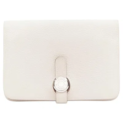 Pre-owned Hermes Dugon Duo Cream Togo Leather Shw Loop Through Coin Purse In White