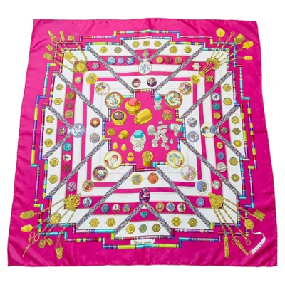 Pre-owned Hermes Early 2000's Hermès Fuchsia, Gold And White Petite Main Silk Scarf