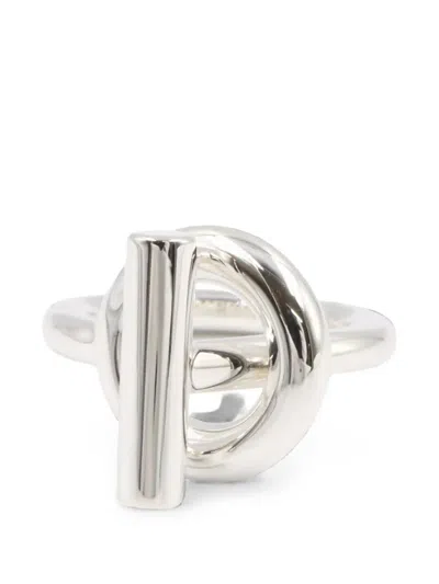 Pre-owned Hermes Echape Engraved-logo Ring In Silver