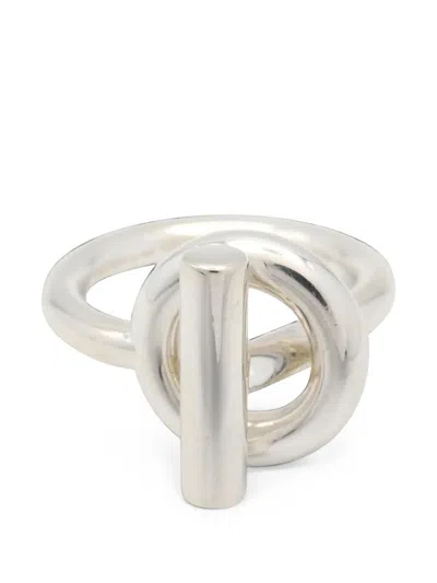 Pre-owned Hermes Echape Mm Knotted Ring In Silver