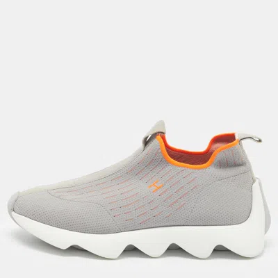 Pre-owned Hermes Eclair Size 37 Grey/orange Knit Fabric Slip On Sneakers