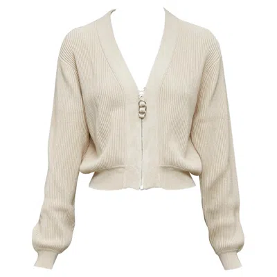 Pre-owned Hermes Ecru Viscose Silk Silver Zipper Head Ribbed Crop Cardigan Fr36 S In Brown