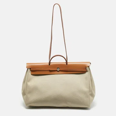 Pre-owned Hermes Ecru/beige /naturel Sable Canvas And Leather Herbag Zip Cabine Bag In Brown