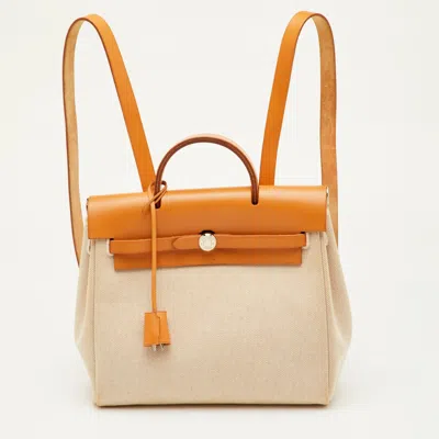 Pre-owned Hermes Hermès Ecru/natural Toile Canvas And Vache Leather Herbag 2-in-1 Backpack In Sand