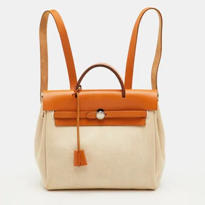 Pre-owned Hermes Hermès Ecru/natural Toile Canvas And Vache Leather Herbag 2-in-1 Backpack In Sand