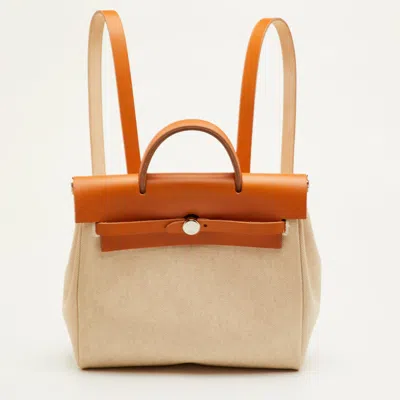 Pre-owned Hermes Hermès Ecru/natural Toile Canvas And Vache Leather Herbag 2-in-1 Backpack In Sand