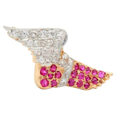 Pre-owned Hermes Edwardian Ruby Diamond 14 Karat Gold Platinum Antique Winged  Foot Brooch In Multi