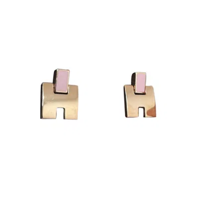Pre-owned Hermes Hermès Eileen Pink Lacquer Rose Gold-plated Stud Earrings In Red