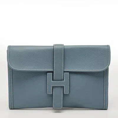 Pre-owned Hermes Elan 29 Jige Blue Jean Swift Leather Clutch