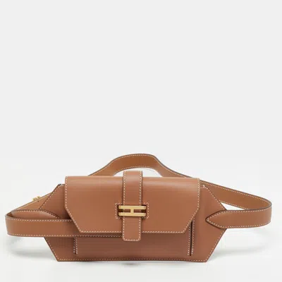 Pre-owned Hermes Elan Pocket 24 Gold Swift Leather Belt Bag In Brown