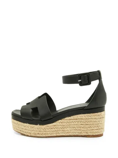Pre-owned Hermes Elda Leather Wedge Sandals In Black