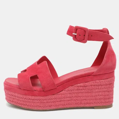 Pre-owned Hermes Hermès Elda Size 37 Pink Leather Espadrille Sandals