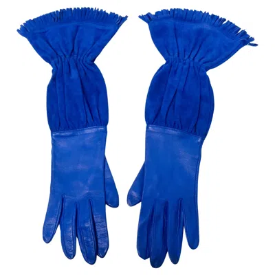 Pre-owned Hermes Electric Blue Leather & Suede Fringe Gloves Circa 1990s
