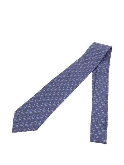 Pre-owned Hermes Elephant-print Silk Tie In Blue