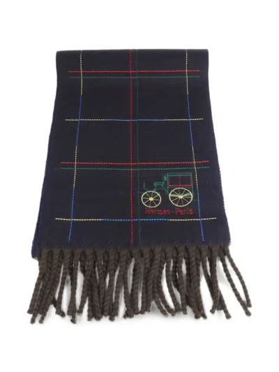Pre-owned Hermes Embroidered Fringed Scarf In Brown