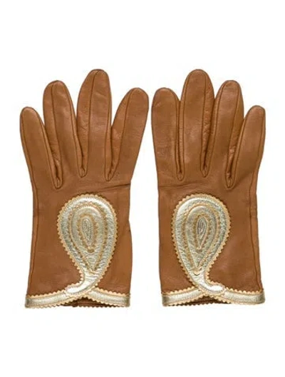 Pre-owned Hermes Embroidered Lambskin Gloves In Brown