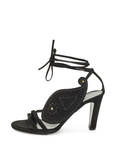 Pre-owned Hermes Embroidered Paisley Ankle-tie Sandals In Black