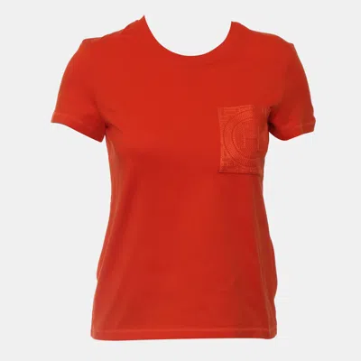 Pre-owned Hermes Embroidered Pocket T-shirt Fr 34 In Orange