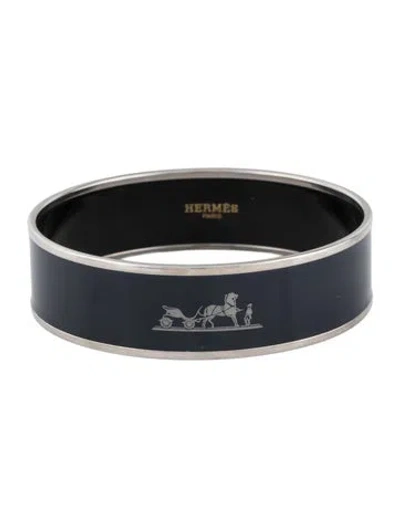 Pre-owned Hermes Enamel Calèche Wide Bangle Bracelet, 8" In Blue
