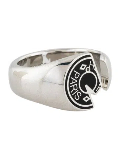 Pre-owned Hermes Enamel Carrousel Signet Ring In Black