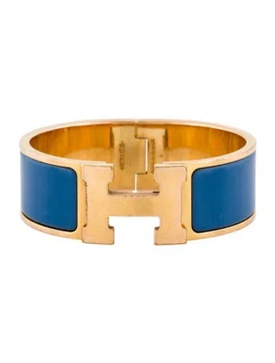 Pre-owned Hermes Enamel Clic Clac H Hinged Bangle Bracelet, 6.5" In Blue