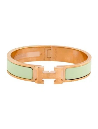 Pre-owned Hermes Enamel Clic H Bangle Bracelet, 6.25" In Green