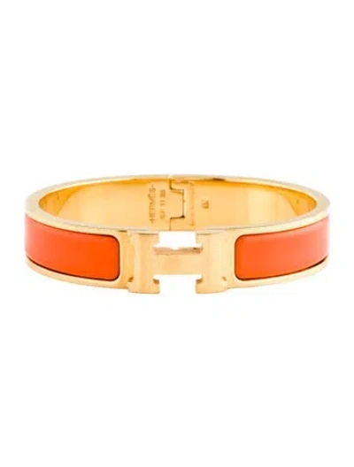 Pre-owned Hermes Enamel Clic H Bangle Bracelet, 6.25" In Orange