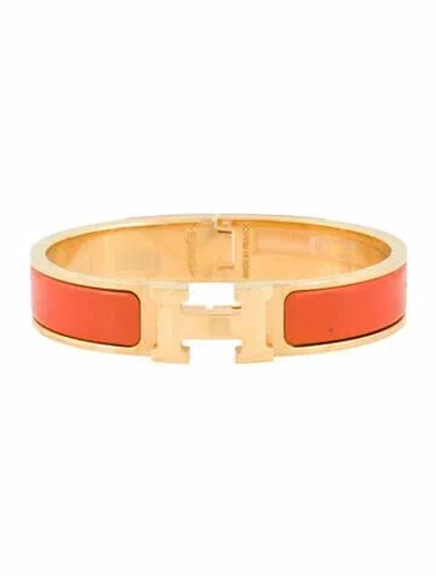 Pre-owned Hermes Enamel Clic H Bangle Bracelet, 6.25" In Orange