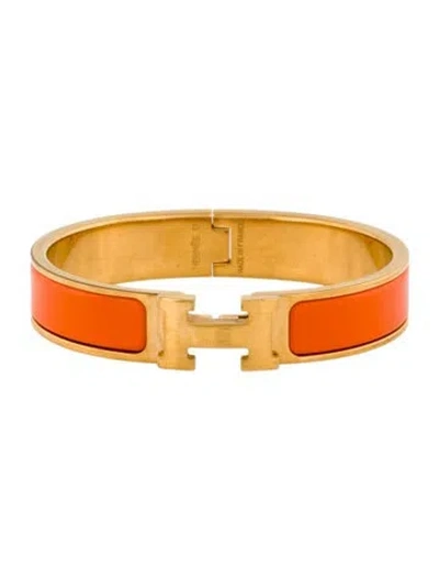Pre-owned Hermes Enamel Clic H Bangle Bracelet, 6.25" In Orange