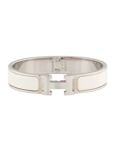 Pre-owned Hermes Enamel Clic H Bangle Bracelet, 6.25" In White