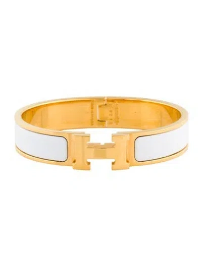 Pre-owned Hermes Enamel Clic H Bangle Bracelet, 6.25" In White