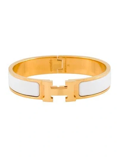 Pre-owned Hermes Hermès Enamel Clic H Bangle Bracelet, 6.25" In White