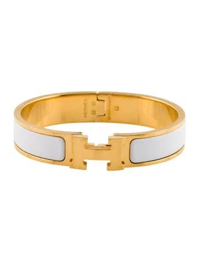 Pre-owned Hermes Enamel Clic H Bangle Bracelet, 6.25" In White