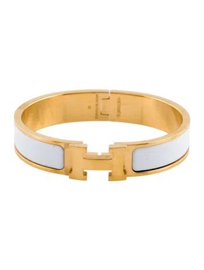 Pre-owned Hermes Enamel Clic H Bangle Bracelet, 6.25" In White