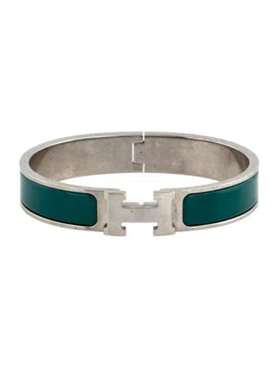 Pre-owned Hermes Hermès Enamel Clic H Bangle Bracelet, 6.75" In Green
