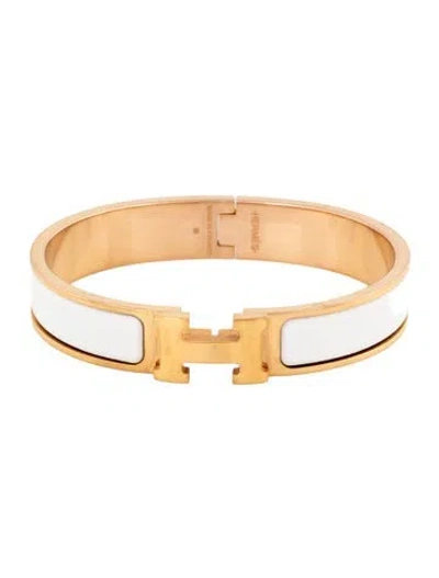 Pre-owned Hermes Enamel Clic H Bangle Bracelet, 6.75" In White