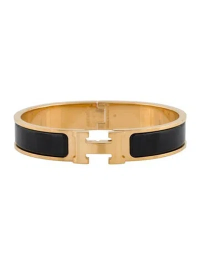 Pre-owned Hermes Enamel Clic H Bangle Bracelet, 7" In Black