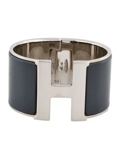 Pre-owned Hermes Enamel Clic H Xl Bangle Bracelet, 6.25" In Gray